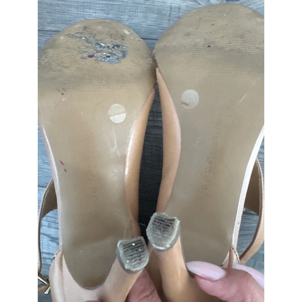 BCBGeneration Ruize Tan Leather Ankle Wrap Stiletto Heels Sandals 9.5B